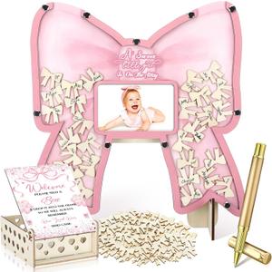 Wenqik 63 Pcs Coquette Pink Bow Baby Shower Guest Book Alternatives Set Baby Shower Decorations with Photo Frame Sonogram Frame Keepsake 60 Wood Slices Guest Book for Birthday