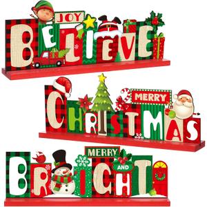 3 Pack Christmas Table Decorations Signs Santa Claus Table Ornaments Snowman Wooden Tabletop Party Decorations Joy Believe Merry Christmas Centerpiece for Winter Birthday Dinner Party Supplies