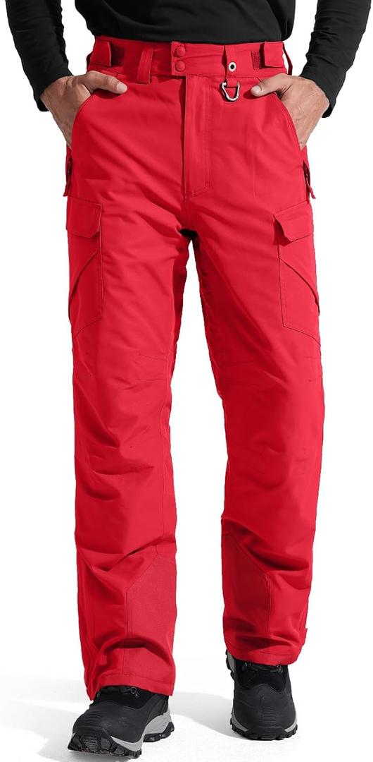 FREE SOLDIER Men's Waterproof Snow Insulated Pants Winter Skiing Snowboarding Pants with Zipper Pockets (Medium(34-36)/32L, Red)