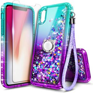 NGB Designed for iPhone X & iPhone Xs Case, Aqua/Purple | Glitter Liquid Sparkle Cute Cover for Women Girls Kids | with Tempered Glass Screen Protector & Ring Holder & Wrist Strap Lanyard