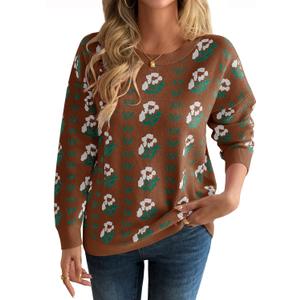 Saodimallsu Womens Long Sleeve Floral Sweaters Fall Crew Neck Casual Loose Knitted Pullover Tops (Small, Brown)