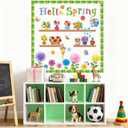 73Pcs Hello Spring Bulletin Board Decorations Set, Colorful Flower & Butterfly Classroom Door Wall Chalkboard Decor with Floral Cutouts and Leaf Border for Spring School and Office