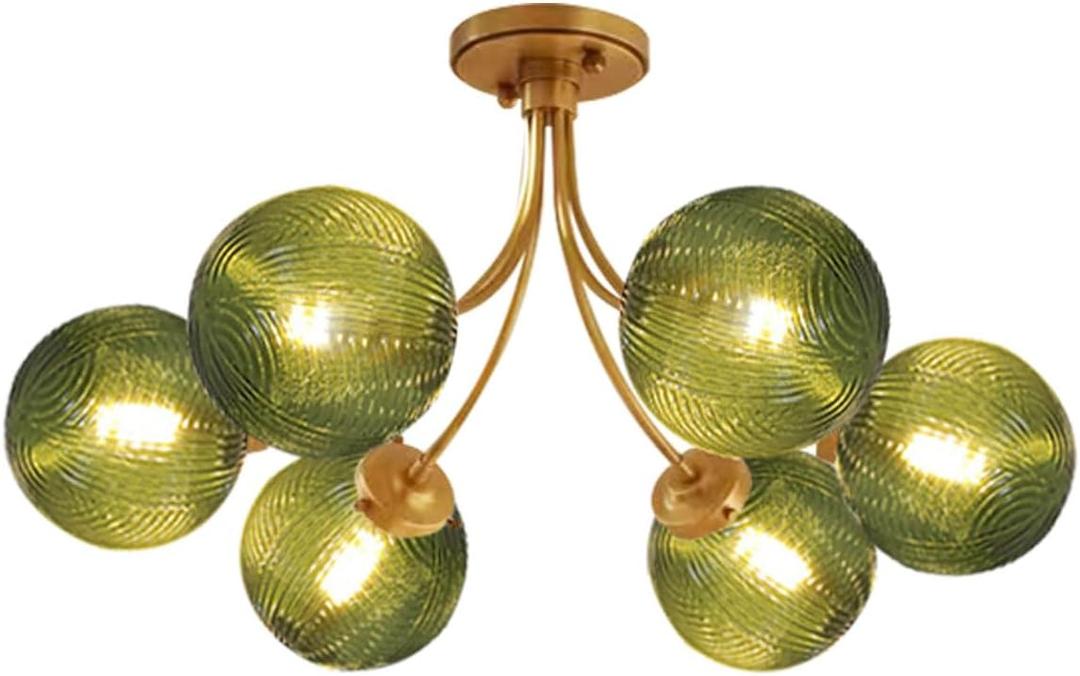 Green Glass Flush Mount Ceiling Lights Fixture 6-Light Gold Mid Century Modern Chandelier Green Hand Blown Glass Chandelier Vintage Pendant Light for Bedroom Living Dining Room