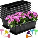 Fasmov 7 Pack 17 Inches Flower Window Box Plastic Vegetable Planters with Trays Vegetables Growing Container Garden Flower Plant Pot with 7 Pcs Plant Labels for Balcony, Patio, Garden, Black
