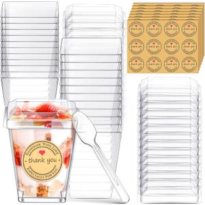 Sieral 50 Pack 5 oz Plastic Dessert Cups with Lids, Parfait Cups Appetizer Cup Mini Clear Party Dessert Cups with Spoons Sheets Stickers for Pudding Square Dessert Cups Small Shooter Cups for Fruit