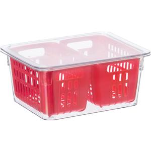 Oggi Berry Container for Fridge - Double Colander Basket - Ideal Berry Containers for Fridge, Includes Berry Colander Insert (8.75" x 6.75" x 3.75"), Red