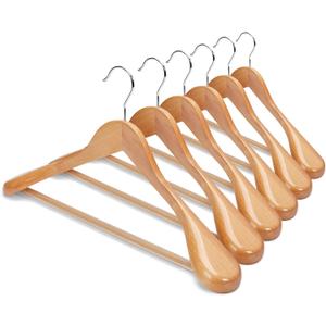 HOUSE DAY Wide Shoulder Wooden Hangers, Suit Hangers with Non Slip Pants Bar, Smooth Finish 360 Swivel Hook High-Grade Solid Wood Coat Hangers for Dress, Jacket, Heavy Clothes Hanger 6 Pack (Natural)