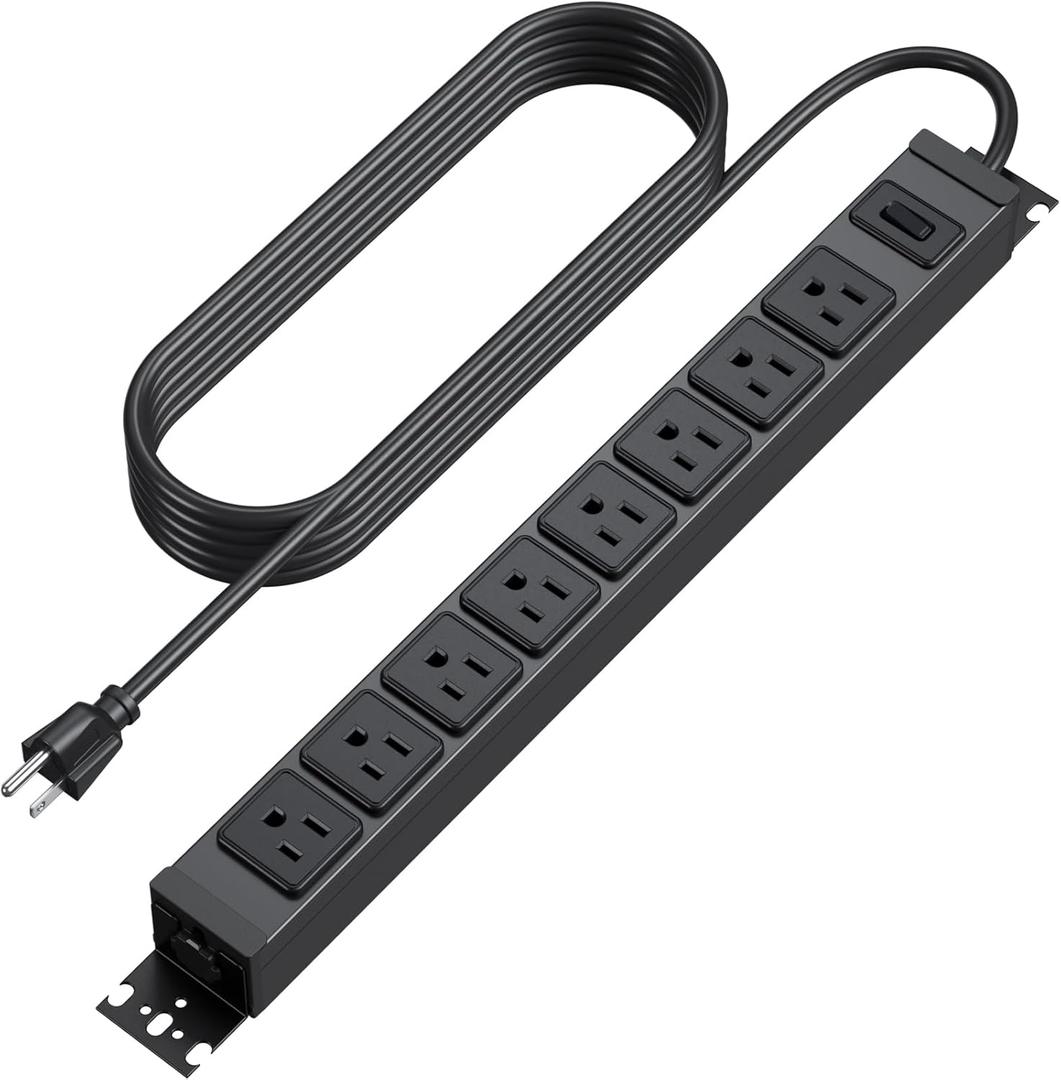 HHSOET Metal 360 Rotating Mountable Power Strip, 8 Outlet Gaming Table Mounted Long Power Strip, Heavy Duty Wall Mount Surge Protector with Switch,1200J,15A 125V 1875W, 3ft Power Cord.(Black)