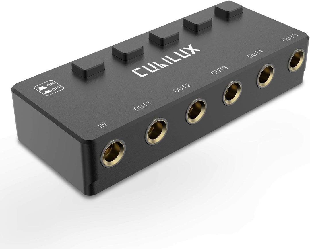 Cubilux 5-Way 6.35mm Stereo Audio Splitter with Switch, Passive Multi 1/4 AUX Distributor, Quarter Inch TRS Splitter Box/HUB for Instrument Cable, Headphones, Speaker, Guitar, Keyboard, Pedal (Black, Switcher Control)