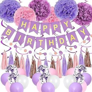 Purple Pink Birthday Party Decorations for Women Girls with Happy Birthday Banner,Hanging Swirls,Tissue Paper Pompoms,Circle Dots Garland,Tassel Garland Purple Balloons