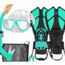 Kids Mask Fins Snorkel Set Snorkeling Packages, with Diving Mask, Snorkel, Adjustable Swim Fins, Mesh Bag, Anti-Fog Anti-Leak Snorkeling Gear for Kids for Snorkeling Swimming Diving (Green water)