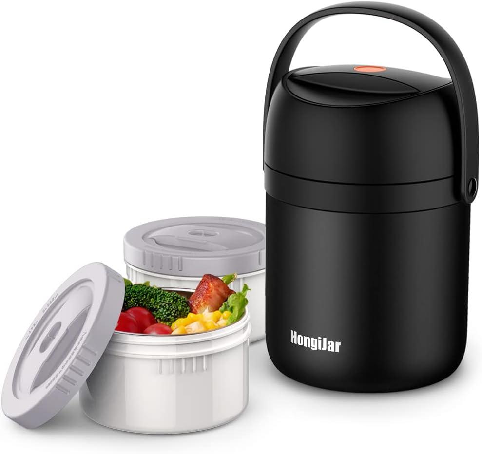 Insulated Food Jar 54oz, 6 Hours Cold Hot Food Lunch Box, Big 2 Tiers Stackable Thermal Containers, Leak-Proof Vacuum Soup Bendo Box Stainless Steel Layers Storage for Adults (Pewter Black)