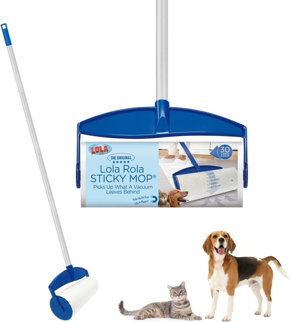 LOLA Rola PET Hair Remover Sticky Mop, Giant Floor Lint Roller, 9" x 3.5", Aluminum Handle, Largest Head, Traps Hair, Dust, Dirt, Extra Sticky Sheets (1 Set)