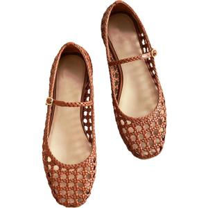Molozoey Woven Mesh Ballet Flats for Women with Metal Buckle Strap Ballerina Flat Shoes Comfortable Round Toe Mary Jane Flat. (7, Brown)