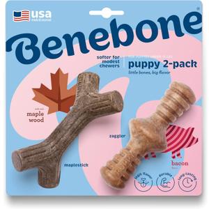 Benebone Puppy 2-Pack Maplestick/Zaggler Durable Dog Chew Toys for Gentle Chewers, Real Bacon, Real Maplewood, Made in USA, Tiny