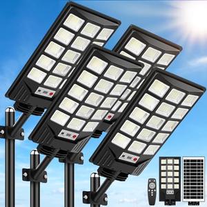 Solar Street Lights Outdoor Waterproof, 30000LM 6500K LED Motion Sensor Lights, Solar Flood Lights with Remote, Dusk to Dawn Solar-Powered Parking Lot Light, Commercial Area Lighting for Yard, 4-Pack