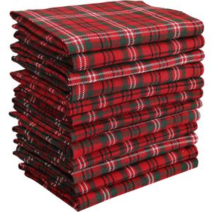 Dinner Napkins, Over Sized Kitchen Napkins, Set of 12 Pack Red & Green Plaid for Christmas and Thanksgiving with Mitered Corner and Lint Free