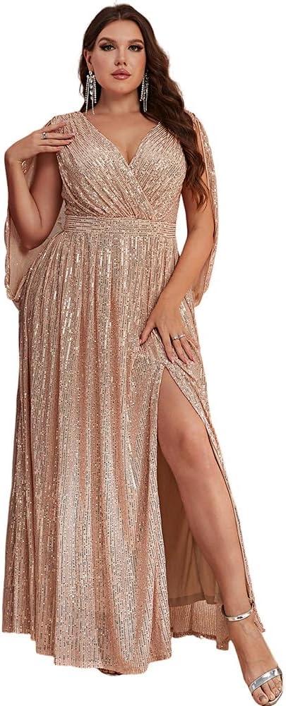 Women's Plus Size Flare Sleeve V Neck Side Split Sequin Formal Prom Dress (X-Large, Gold)