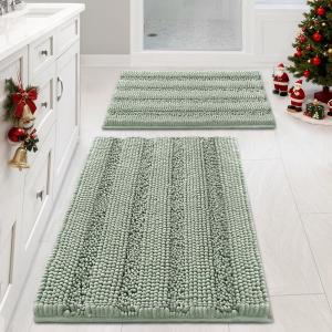 H.VERSAILTEX Sage Bathroom Rugs, Bath Mat Set of 2 Extra Thick Chenille Striped Pattern Shaggy Bath Rugs for Bath Room, Non Skid Bath Mats for Bathroom Floor (32 x 20 Plus 24 x 17 - Inches)