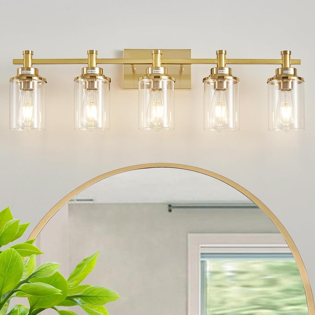 5-Light Modern Vanity Lights Over Mirror, Brushed Brass Bathroom Sconce with Clear Glass Shade (Gold)