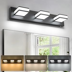 BrkNit Modern LED 3 Light Bathroom Vanity Lights Over Mirror, 24W Dimmable 3CCT Acrylic Black Bathroom Wall Lighting Fixtures with 350° Rotatable Angle, 24 Inch