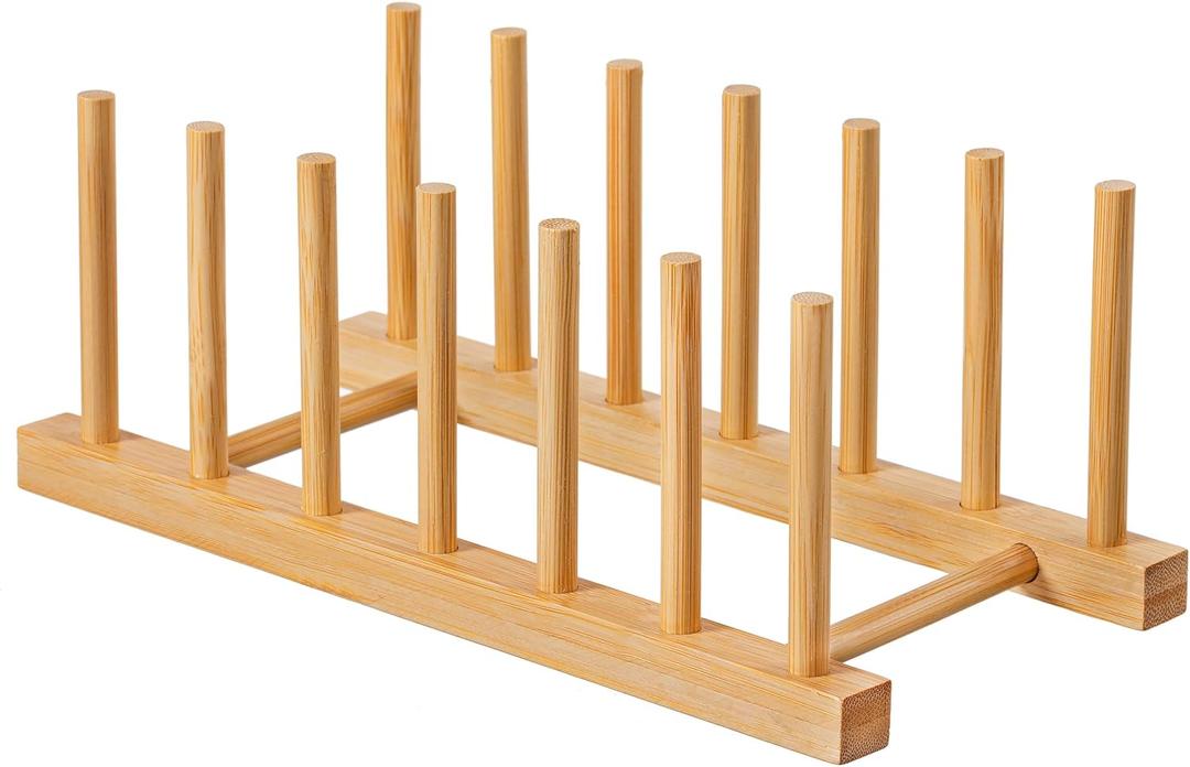 HBlife Bamboo Dish Plate Bowl Cup Book Pot Lid Cutting Board Drying Rack Stand Drainer Storage Holder Organizer Kitchen Cabinet Keep Dry (Bamboo 6 Slots 1pcs)