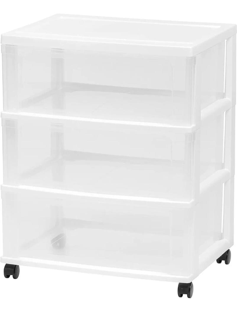 IRIS USA Plastic Drawer Storage Organizer Rolling Cart, with Wheels Casters, 3-Drawers, for Art Craft Supplies Bathroom Dorm Bedroom Laundry Room, Wide, White