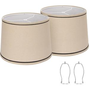 Drum Lampshades Set of 2, Medium Fabric Lamp shades for Table Lamps, Floor Lamps, Beige Linen Lamp shades 11.6" Top x 12.6" Bottom x 9.8" High Spider Fitter, Replacement Lampshades, Assembly Required (Beige with Black Rim)