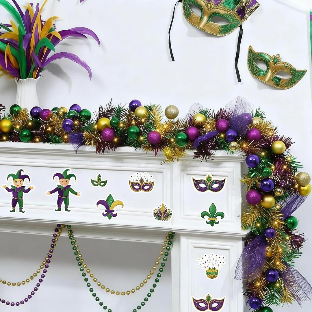 Riceshoot 6 ft Artificial Mardi Gras Garland with Lights Mardi Gras Decorations Garland with LED Mixed Ball for Mantel Pre Lit Carnival Decorations Purple Green Gold Party Supplies for Fireplace Wall