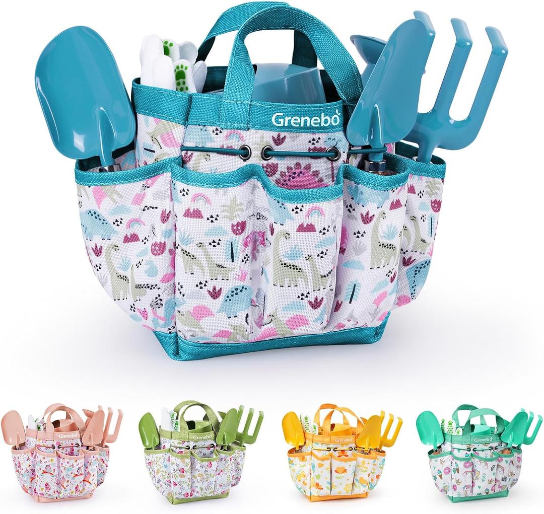 Kids Gardening Set Toys, Quality Garden Tool Kit for Kids and Toddlers, Includes Two Shovels, Garden hat,Rake, Apron,Gloves, Watering Can, and Tool Bag (Blue)