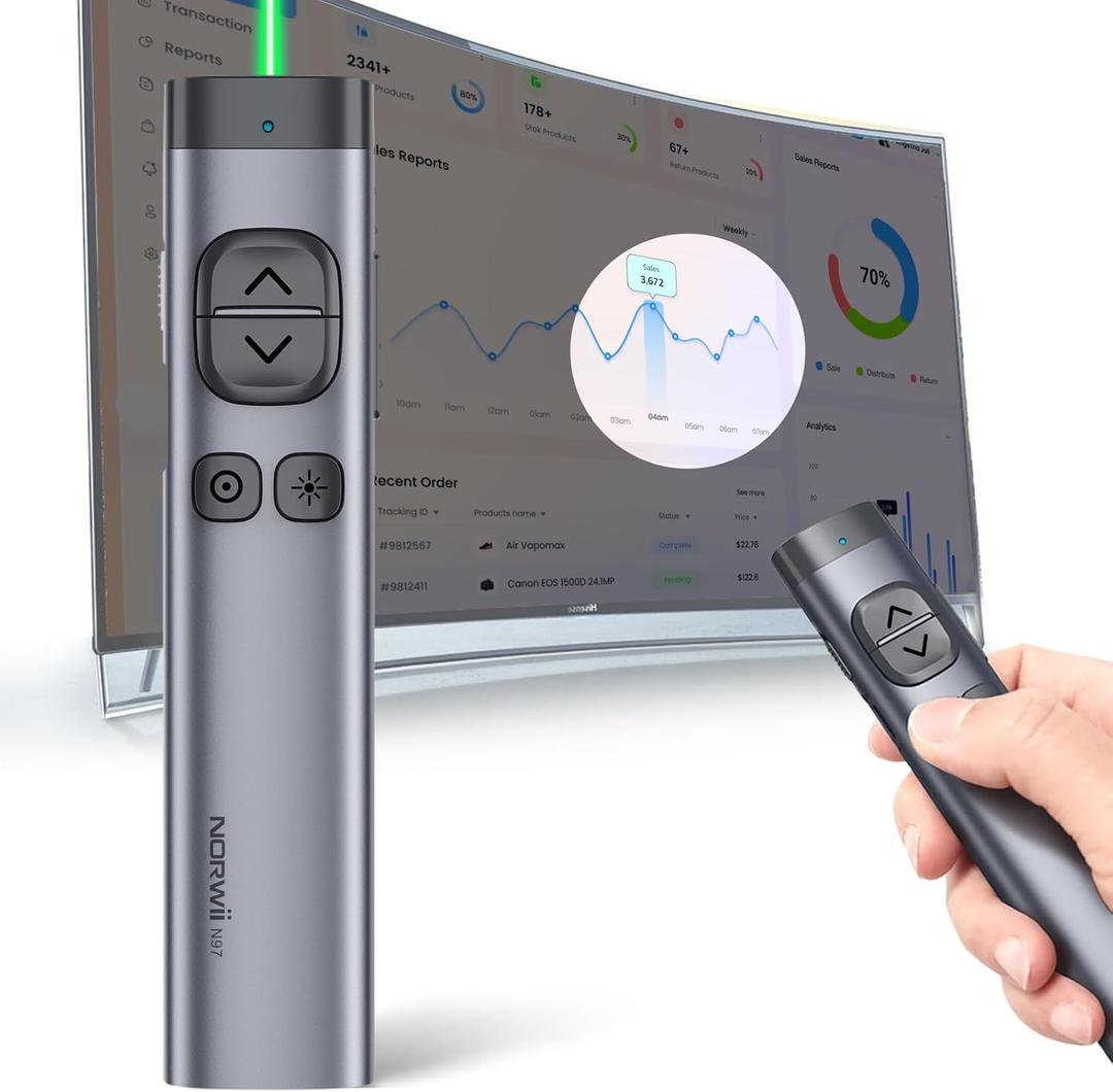 NORWII N97s TV Screen Presentation Clicker for powerpoint presentations, powerpoint clicker, Presentation Rremote, Bluetooth Wireless Presenter, Digital Pointer for TV Screen Under Win/mac,Metal Case (BLE&USB A-32G-green)