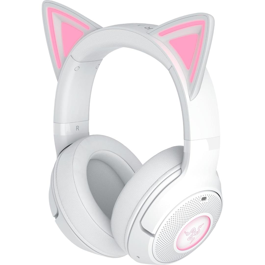 Razer Kraken Kitty V2 BT Wireless RGB Headset: Chroma RGB Kitty Ears & Earcups - Bluetooth 5.2-40 mm Drivers - Noise-Cancelling Mics - Lightweight - 40 Hr Battery w/Type C Charging - White