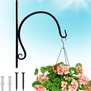 Gray Bunny Outdoor Plant Hanger Hook, 10” Hand Forged Curved Iron Wall Hooks for Bird Feeders, Lanterns, Wind Chimes, Patio Decor - Black