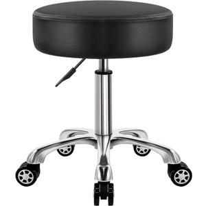 WKWKER Heavy Duty Rolling Stool with Wheels 360 Swivel Adjustable Rolling Stool Hydraulic Lift Thick Leather Seat Ergonomic Chair for Kitchen Drafting Lab Office Salon Massage Black, Large
