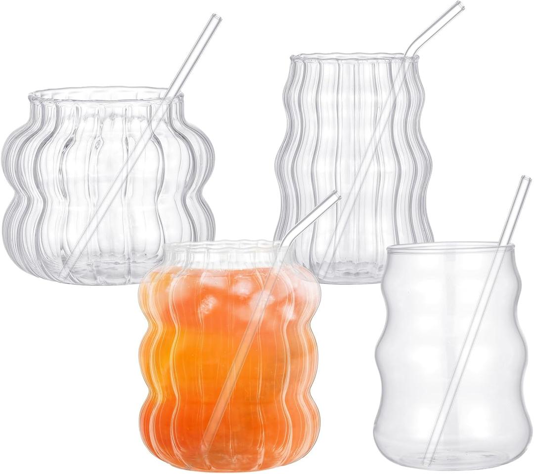 Ziliny 4 Pcs Creative Glassware Set Wave Shape Drinking Glasses with Glass Straw Aesthetic Cups Vintage Ribbed Glass Cups Cute Drinking Glasses for Tea Beer Water Cocktail Coffee Beverage Kitchen