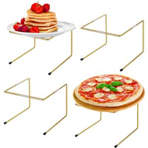 MyGift Brass Metal Pizza Table Stands, Tabletop Pizza Pan Riser Food Platter Tray and Display Rack, Set of 4 (Gold)