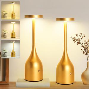 Cordless Table Lamp Rechargeable Set of 2 5000mAh Battery Operated LED Table Light, 3-Color Step less Dimming Portable Table Light Waterproof for Cafe/Dining Room/Terrace(Gold)