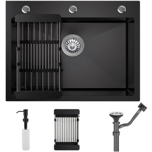 19.7 x 17.7 Inch Black Drop In Kitchen Sink,Stainless Steel Topmount Single Bowl Sink,Large Capacity Utility Workstation Sink With Soap Dispenser & Drain Basket