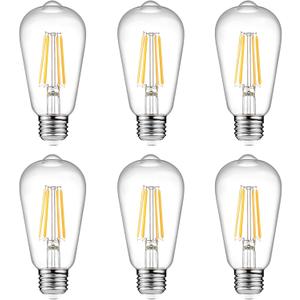 Ascher Vintage LED Edison Bulbs 6W, Equivalent 60W Incandescent, Non-Dimmable, Warm White 2700K, ST58 Antique LED Filament Bulbs with 80+ CRI, E26 Medium Base, Clear Glass, 6-Packs