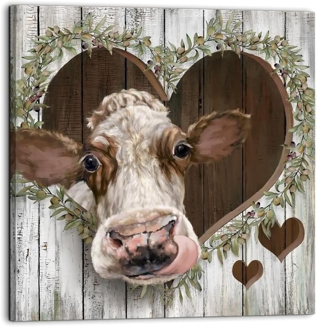 Cow Wall Decor Brown vintage cow artwork printed on canvas, perfect for decorating the kitchen, dining room, bathroom, bedroom, or living room (20x20 in)