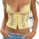WDIRARA Women's Sexy Lace Low Cut Cami Crop Top Sexy Y2k V Neck Camisole Tops (Yellow, XL)