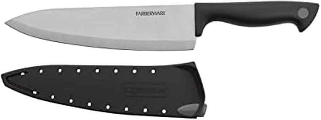 Farberware Edgekeeper 8-Inch Chef Knife with Self-Sharpening Blade Cover, High Carbon-Stainless Steel Kitchen Knife with Ergonomic Handle, Razor-Sharp Knife, Black