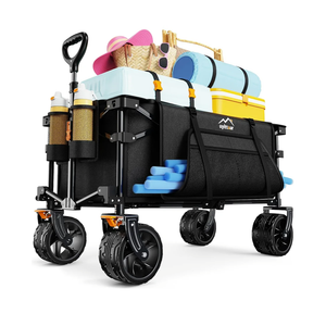 Collapsible Wagon Cart Heavy Duty Foldable, Folding Beach Wagon with Big Wheels for Sand, Utility Grocery Cart with Side Pocket and Brakes for Camping Sports Outdoor Activities, Black