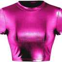 SOLY HUX Women's Y2k Metallic Tee Mock Neck Short Sleeve Crop Tops T Shirt Solid HotPink Small
