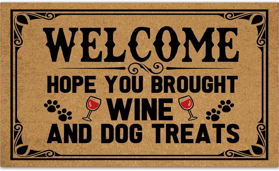 Outdoor Doormats for Entrance Way Outdoors, Hope You Brought Wine & Dog Treats Funny Indoor Welcome Mats for Front Door 30" X 18" Size, Personalized Holiday Door Mats Outside