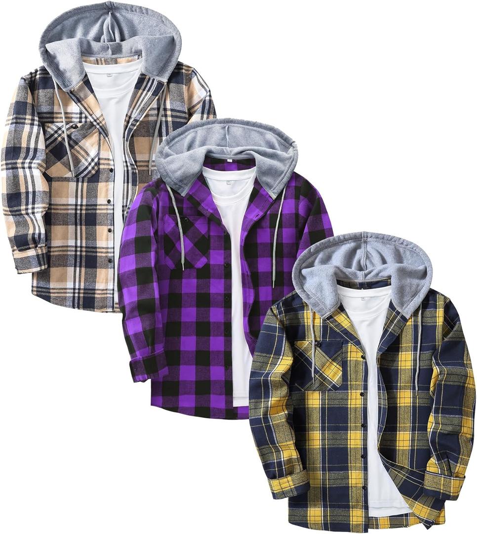 ZITY 3 Pack Men's Flannel Hoodie Shirts Long Sleeve Casual Vintage Button Down Plaid Shirt Jacket with Pocket (X-Large, Deepbluebeige Purple Yellownavy)