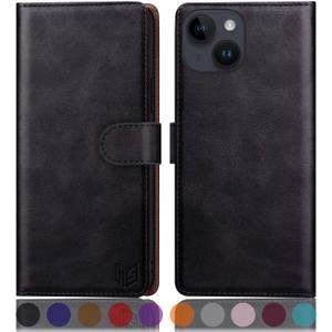 SUANPOT Design for iPhone 15 6.1" Kickstand Protective Wallet case with RFID Credit Card Holder,Flip Folio Book PU Leather Shockproof Cover Women Men for Apple 15 Phone case Black