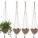 4 Pack Jute Crochet Long Plant Hanger for 3 Inch to 12 Inch Pots, Macrame Plant Hanger Macrame Plant Holder Rope with S Shaped Hooks for Indoor Outdoor Home Decor (Brown)