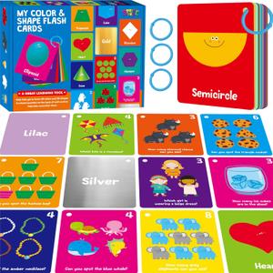 Color & Shape Flashcards, 50 Double-Sided Cards (30 Colors & 20 Shapes) Colorful Cards Educational Learning Tools for Preschool and Toddlers (3 Reclosable Rings Attached)