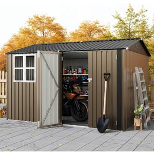 GarveeLife 8x10 FT Outdoor Storage Shed,Metal Tool Shed with Clear Window, Lockable Doors,Large Garden Storage Box with Sloping Roof?Sheds&Outdoor Storage for Backyard Garden Patio Lawn, Brown